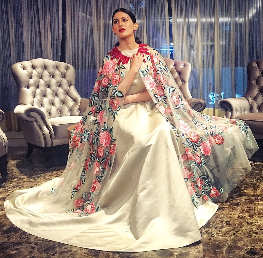 Amyra Dastur in fashion designer manish malhotra's designer LONG dress with printed cape