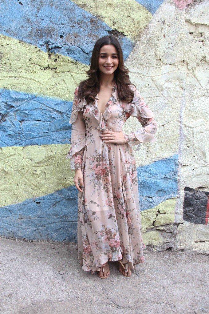Alia Bhatt in designer georgette printed maxi dress at Movie Promotion