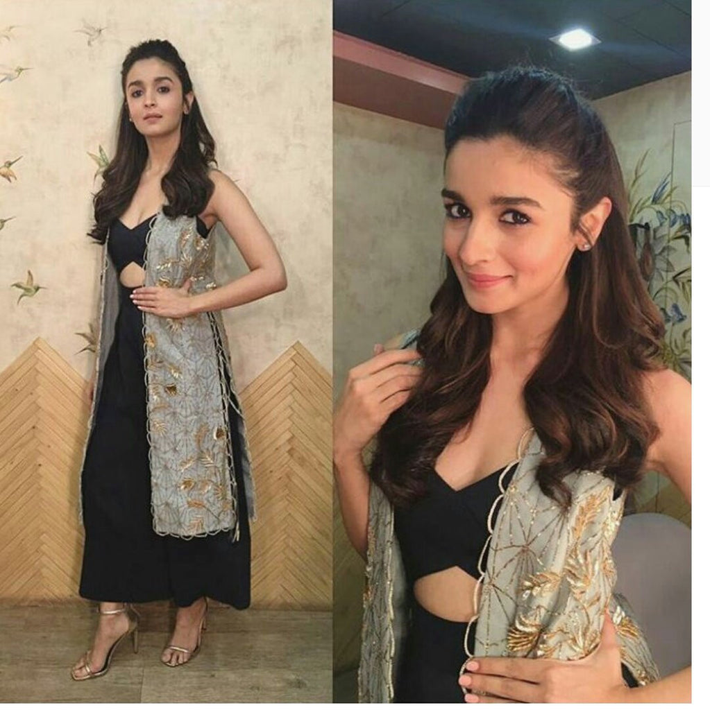 Alia Bhatt in Designer Payal Singhal's blue crop top and culottes with a long embroidered jacket promote Badrinath Ki Dulhania on The Kapil Sharma Show'