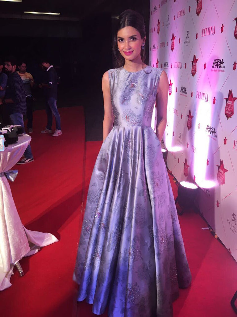 Diana Penty Looked Ravishing in Grey Floral Gown Designed By Nishka Lulla