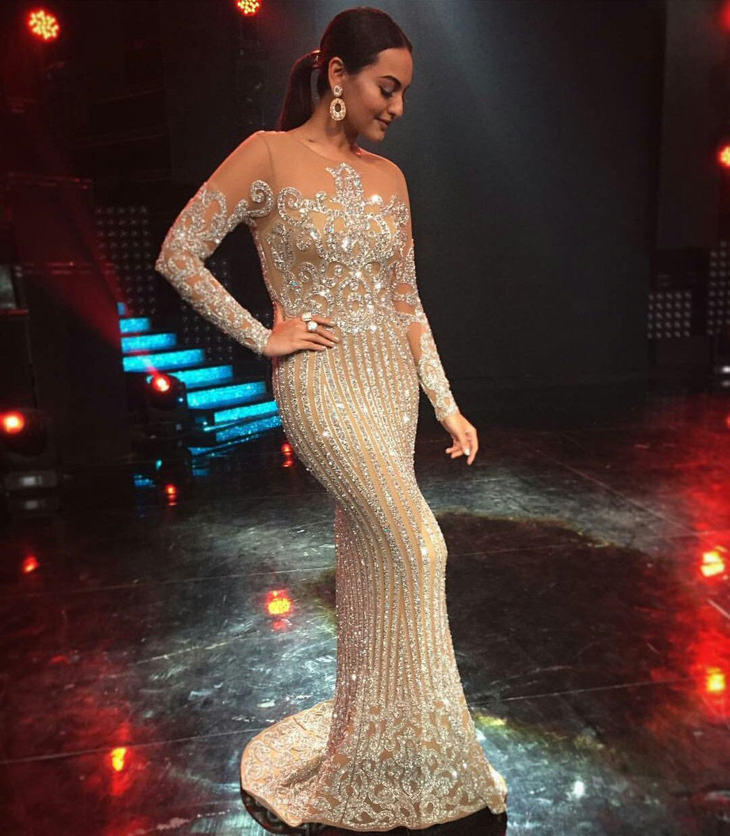 Sonakshi Sinha In Silver Embellished Gown By Yousef Aljasemi
