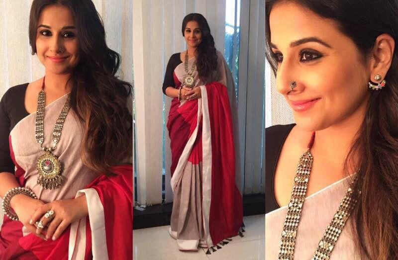 Vidya Balan In UDD Designer Red And Grey Saree At “The Begum Jaan Promotion Event”