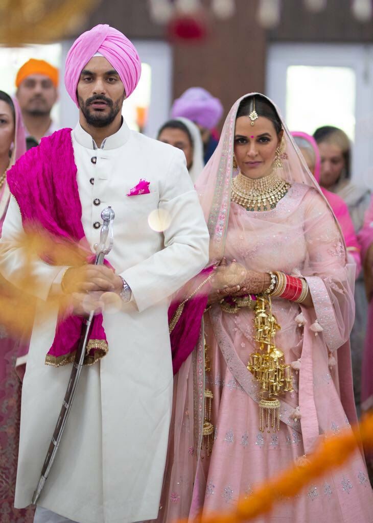 Neha Dhupia in Anita Dongre's Blush Pink Lehenga