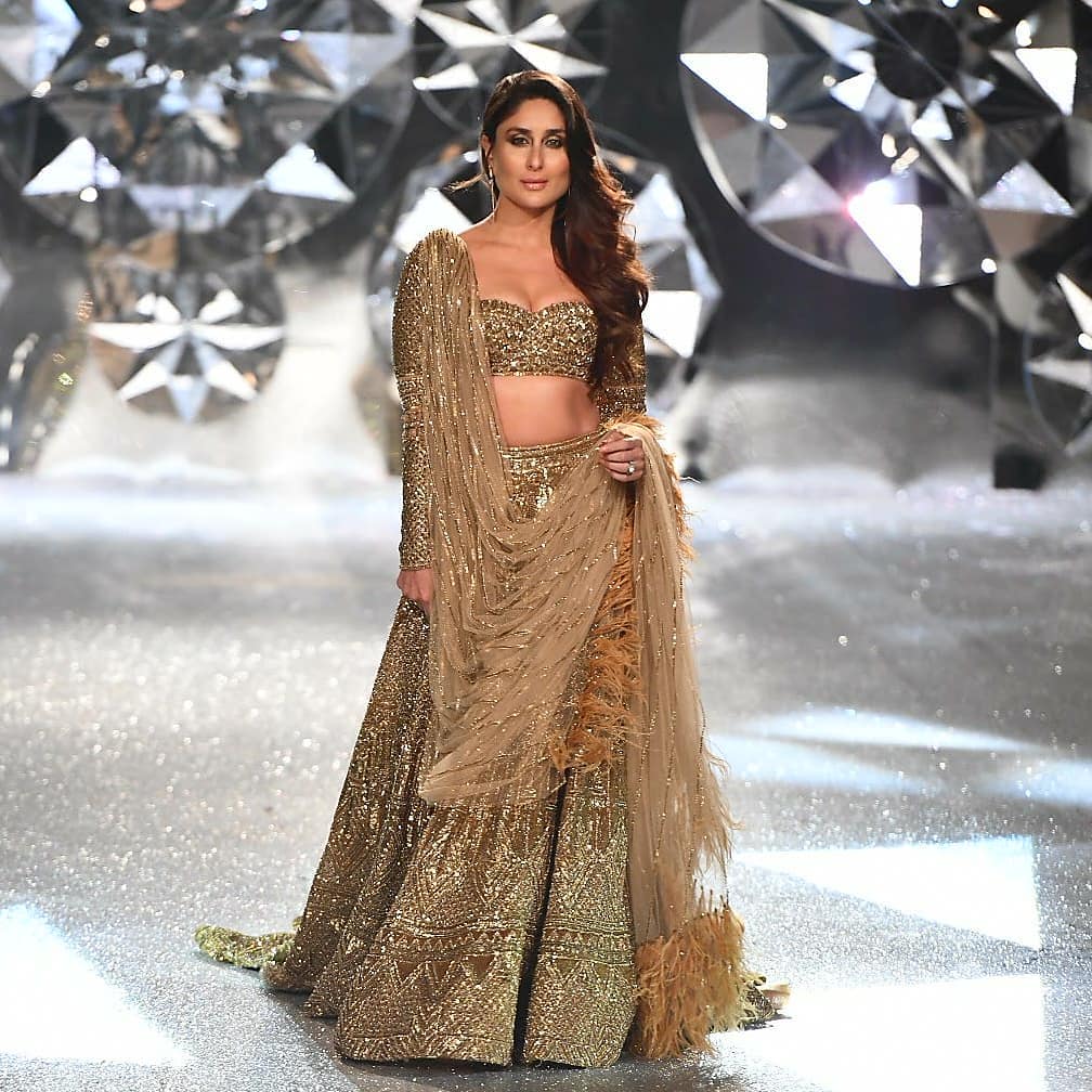 Kareena Kapoor in Falguni and Shane Peacock's Gold Lehenga at The India Couture Week 2018