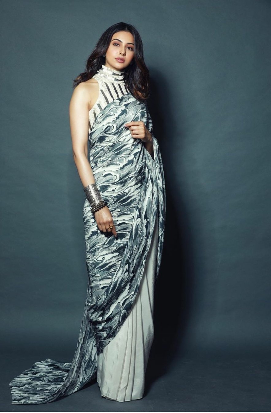 Rakul Preet Singh in Marbled-Effect Printed Saree from Limerick's Collection