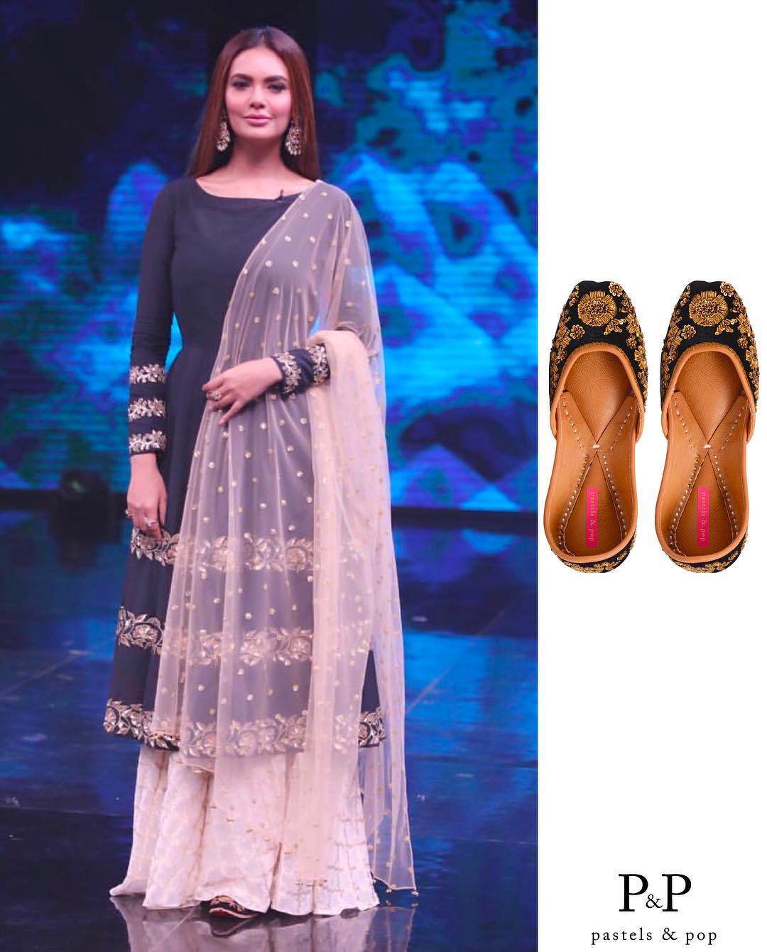 Esha-Gupta-in-Ranian's-Designer-Black-Anarkali-Kurta-With-Skirt-Set