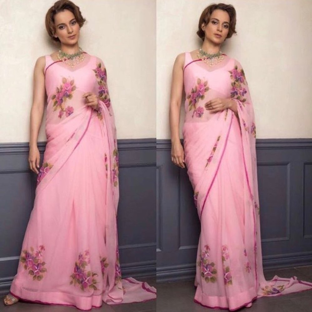 Kangana Ranaut in Printed Chiffon Sarees With Sleeveless Blouse