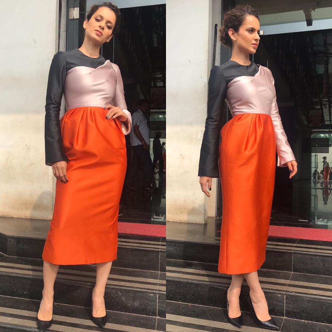 Kangana Ranaut makes a bold statement in this spicy, colour-blocked ensemble