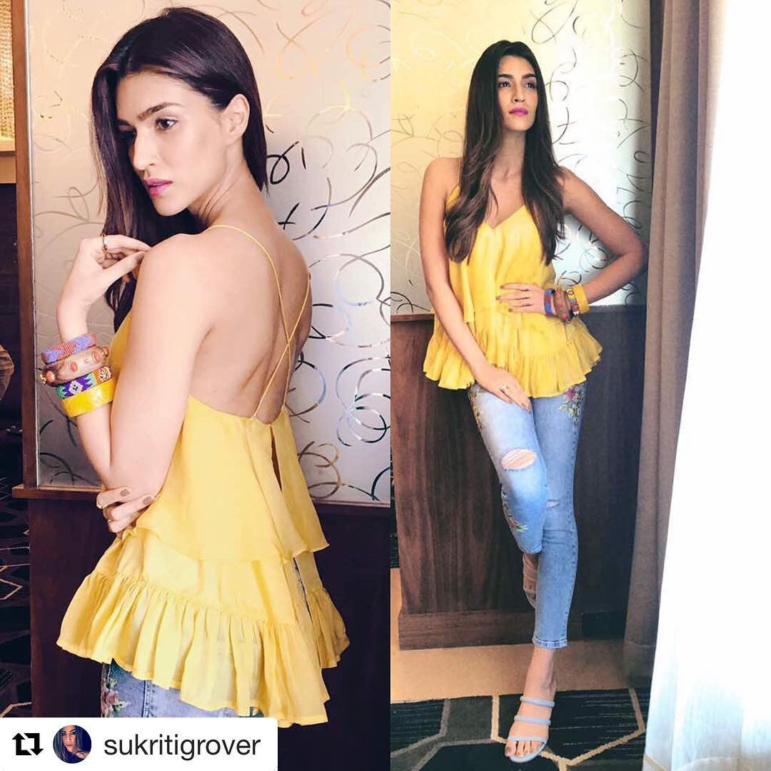 Kirti Sanon Looked Fabulous In Printed Denim Team Up With Yellow Ruffle Top 