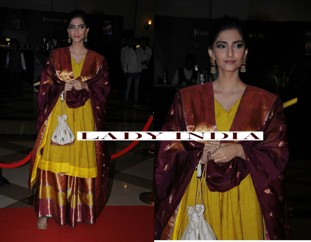 Sonam kapoor in designer Gaurang Shah designer anarakli suit with ghagra Bnarasi silk designer long anarakali