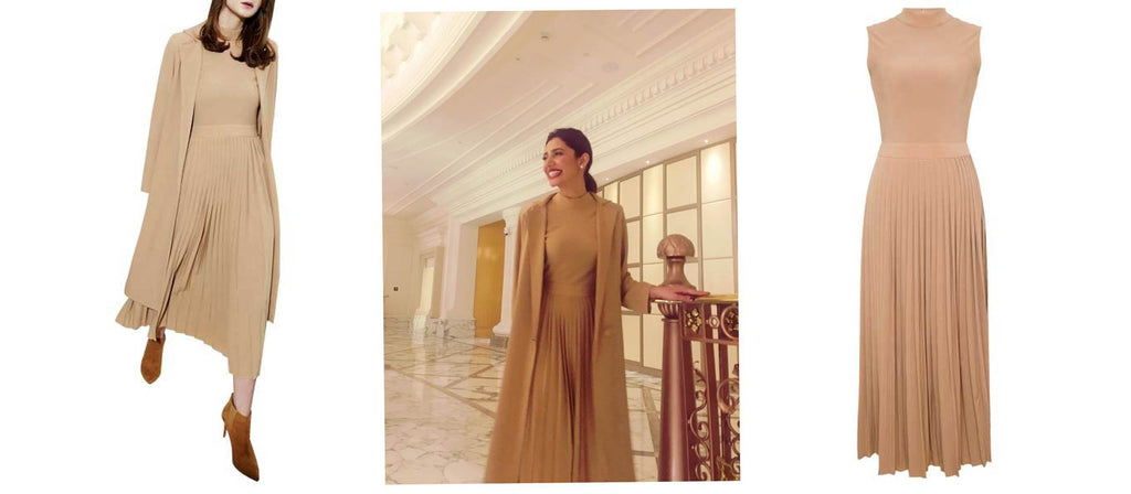 Mahira Khan in a chic brown pleated midi dress with Long Coat  from House of Nomad
