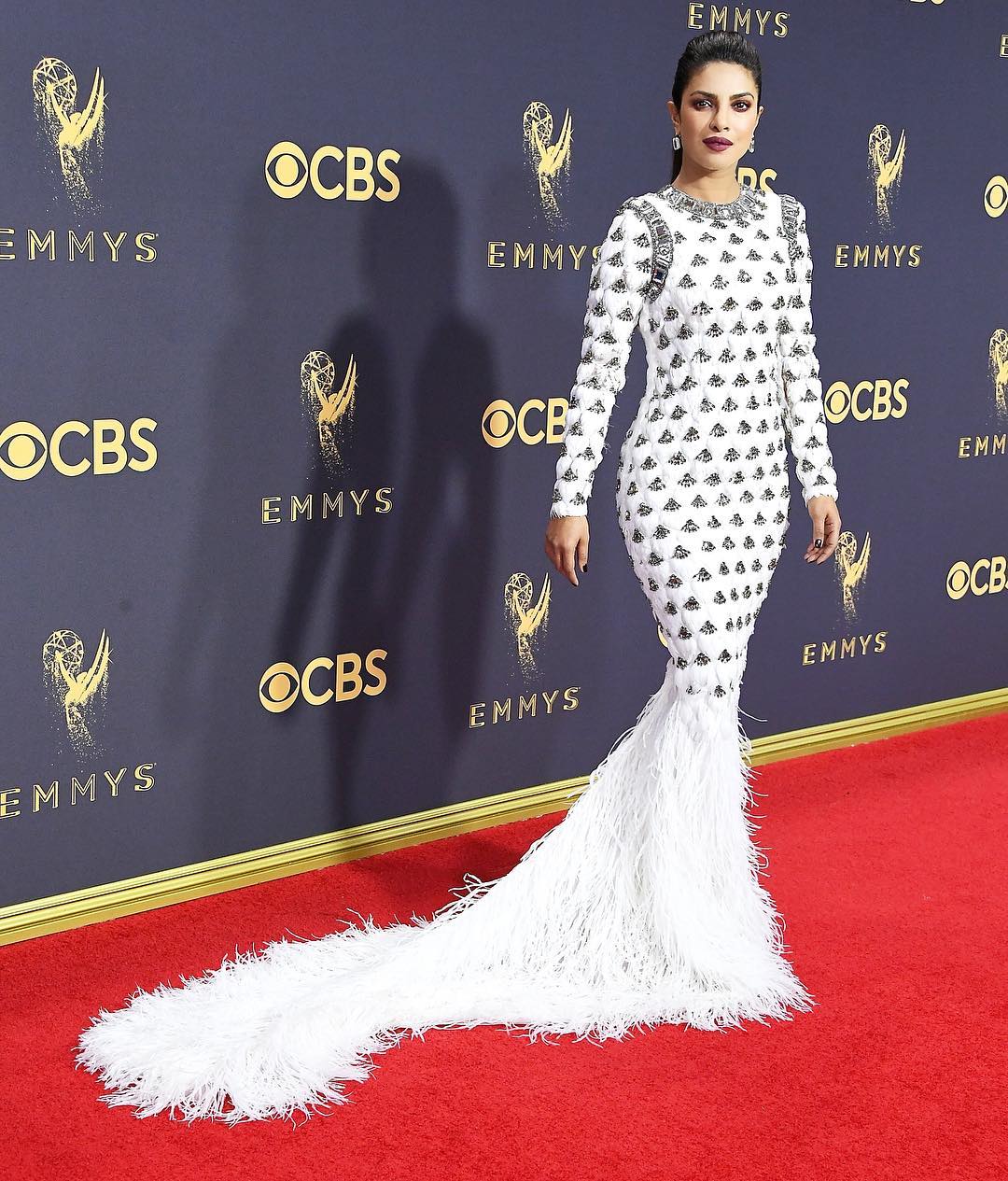 Priyanka Chopra wore a custom-made BALMAIN gown to attend the 2017 Emmys Awards in Los Angeles. 