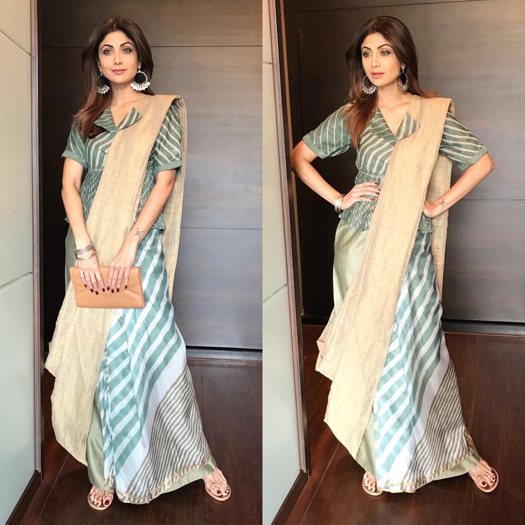 Shilpa Shetty in Kota Silk Pant Style Saree By Urvashi Kaur
