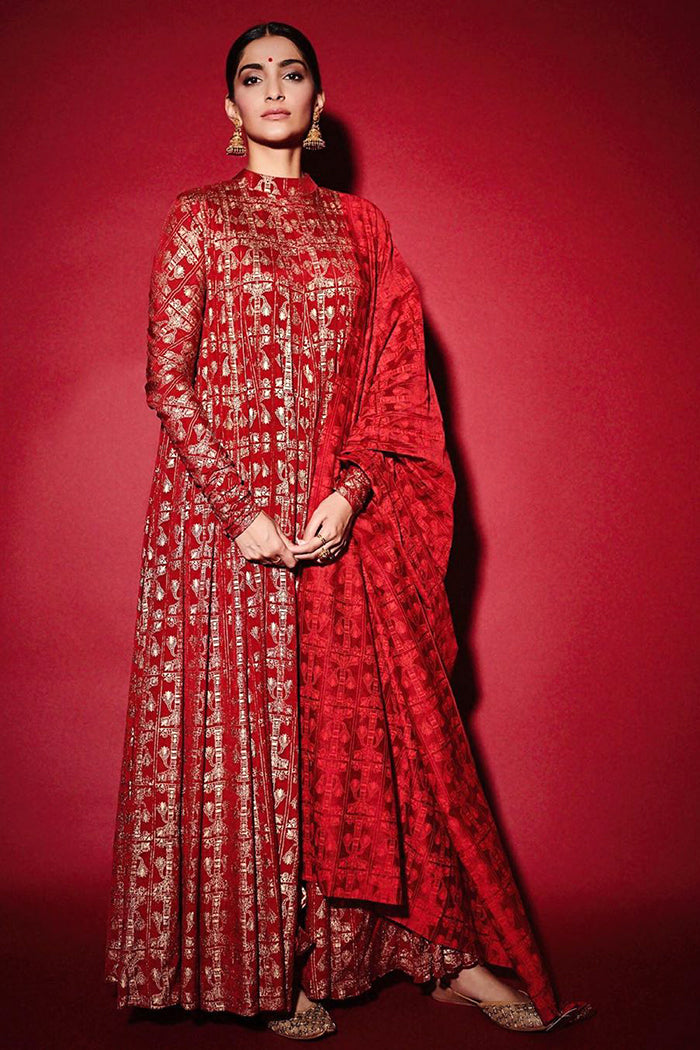 Sonam Kapoor in a Red Anarkali Suit with Dupatta from Masaba's Collection