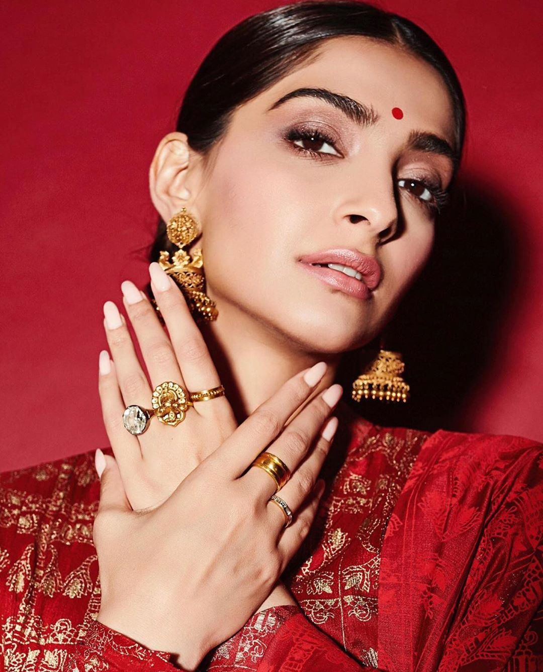 Sonam Kapoor in a Red Anarkali Suit with Dupatta from Masaba's Collection