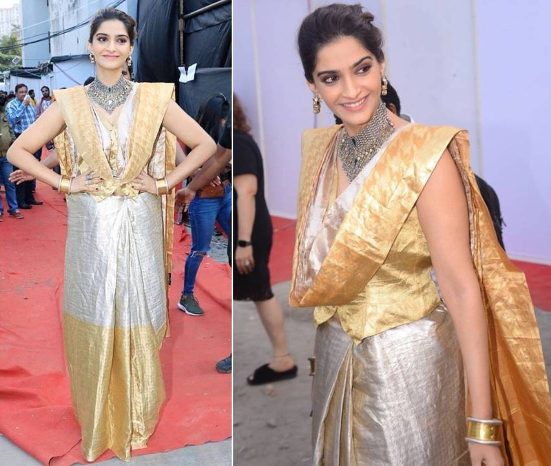 Sonam Kapoor Nailed The Ethnic Look Silver And Gold Cotton Silk