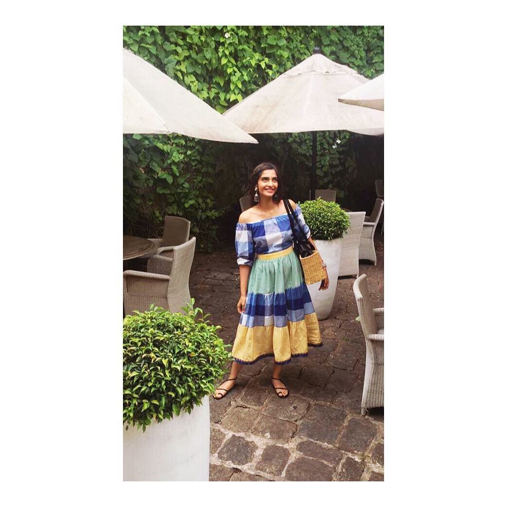 Sonam Kapoor in a checkered and color block Off Shoulder Tiered summer dress from Jodi Life