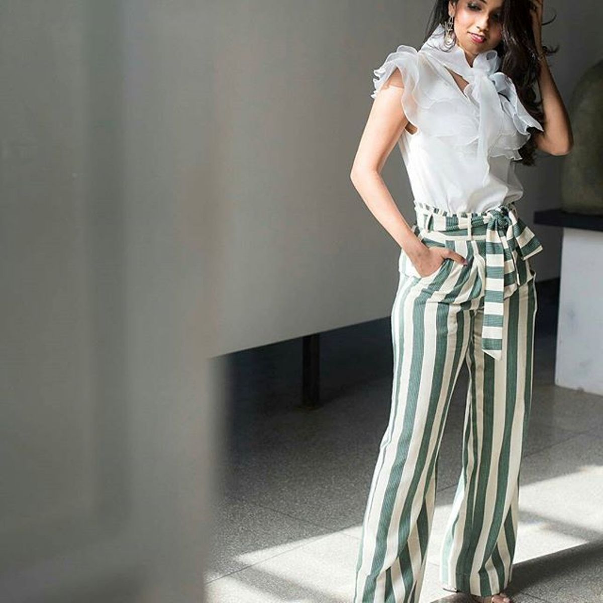 Striped Trouser With A Ruffle Blouse