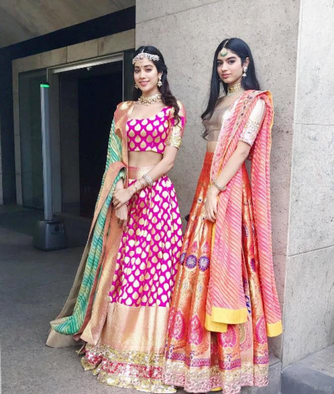 Sridevi and Boney’s daughters Khushi Kapoor & Jhanvi Kapoor opted bright lehengas in Banarasi Art silk by Manish Malhotra For Recent Wedding Wedding Wear Dress 