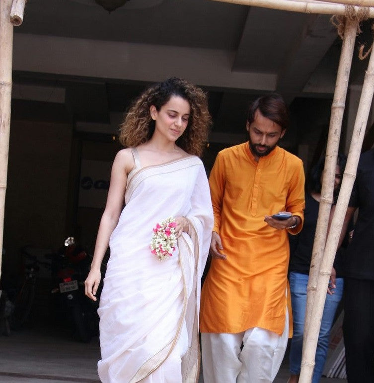 Kangana Ranaut in Good Earth's designer white border cotton silk saree Indian wear