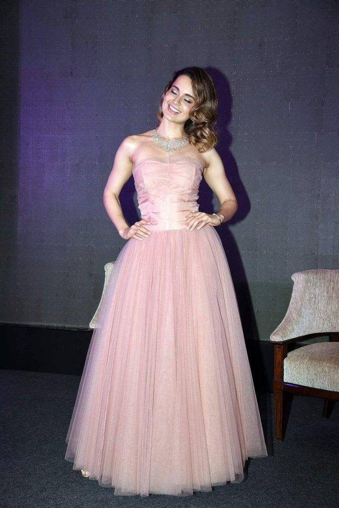 Kangana Ranaut Looks Like A pretty Doll In pink net gown dress at Rangoon Movie Promotion