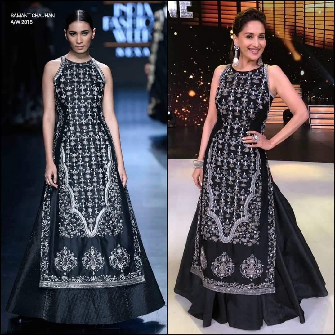 Madhuri-Dixit-in-black-and-white-embroidered-long-tunic-with-a-black-skirt