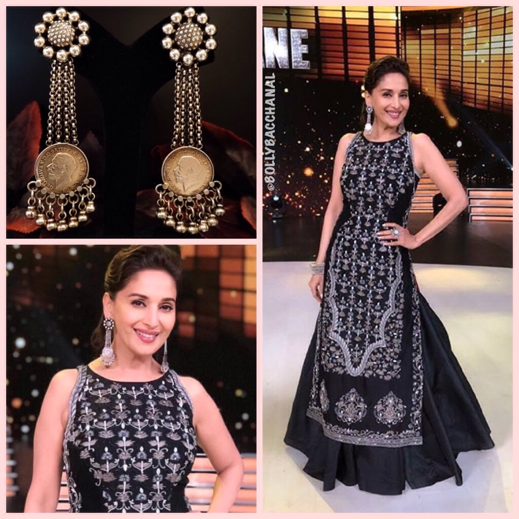 Madhuri-Dixit-in-black-and-white-embroidered-long-tunic-with-a-black-skirt