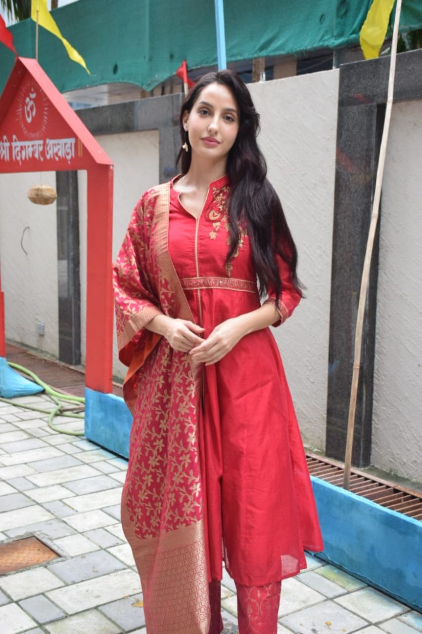 Nora Fatehi in Red Anarkali Suit with Silk Dupatta