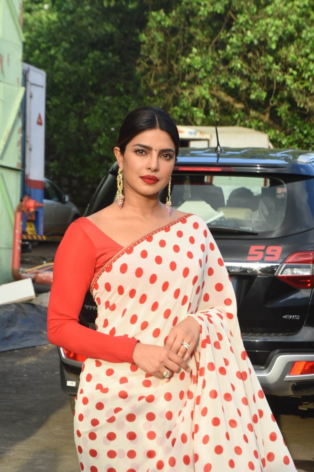 Priyanka Chopra in Polka Dot Printed Red & White Saree