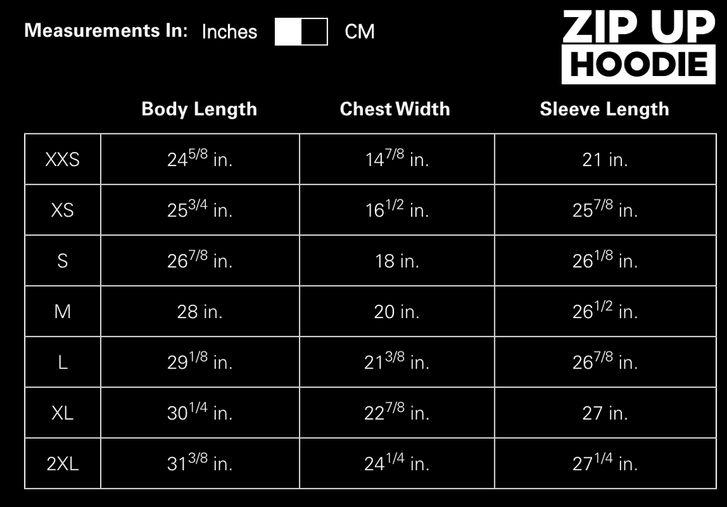 Zip Up Hoodie Size Chart