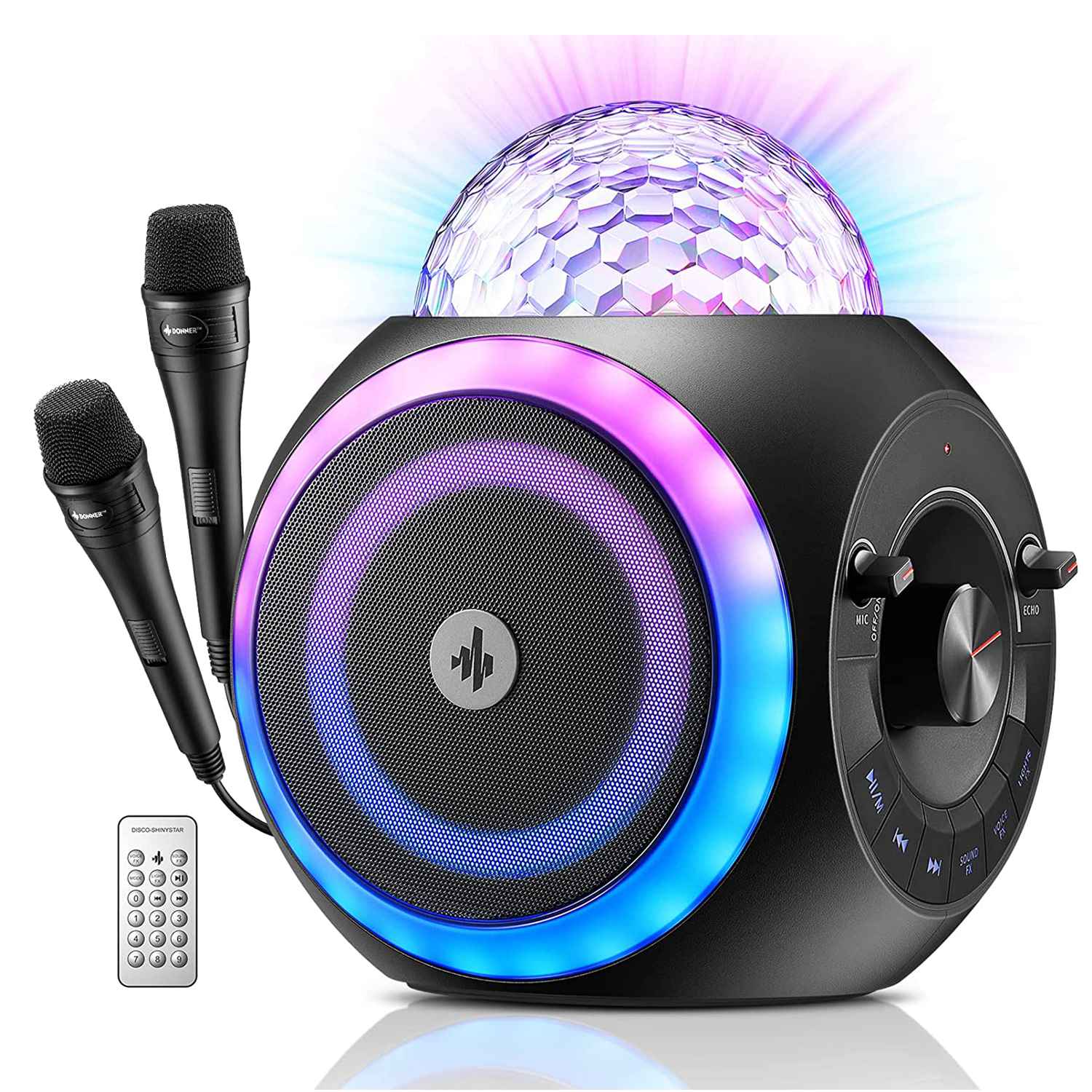 

Donner Portable Remote Control Karaoke Machine with Disco Ball 2 Microphone Bluetooth PA Speaker and Lights