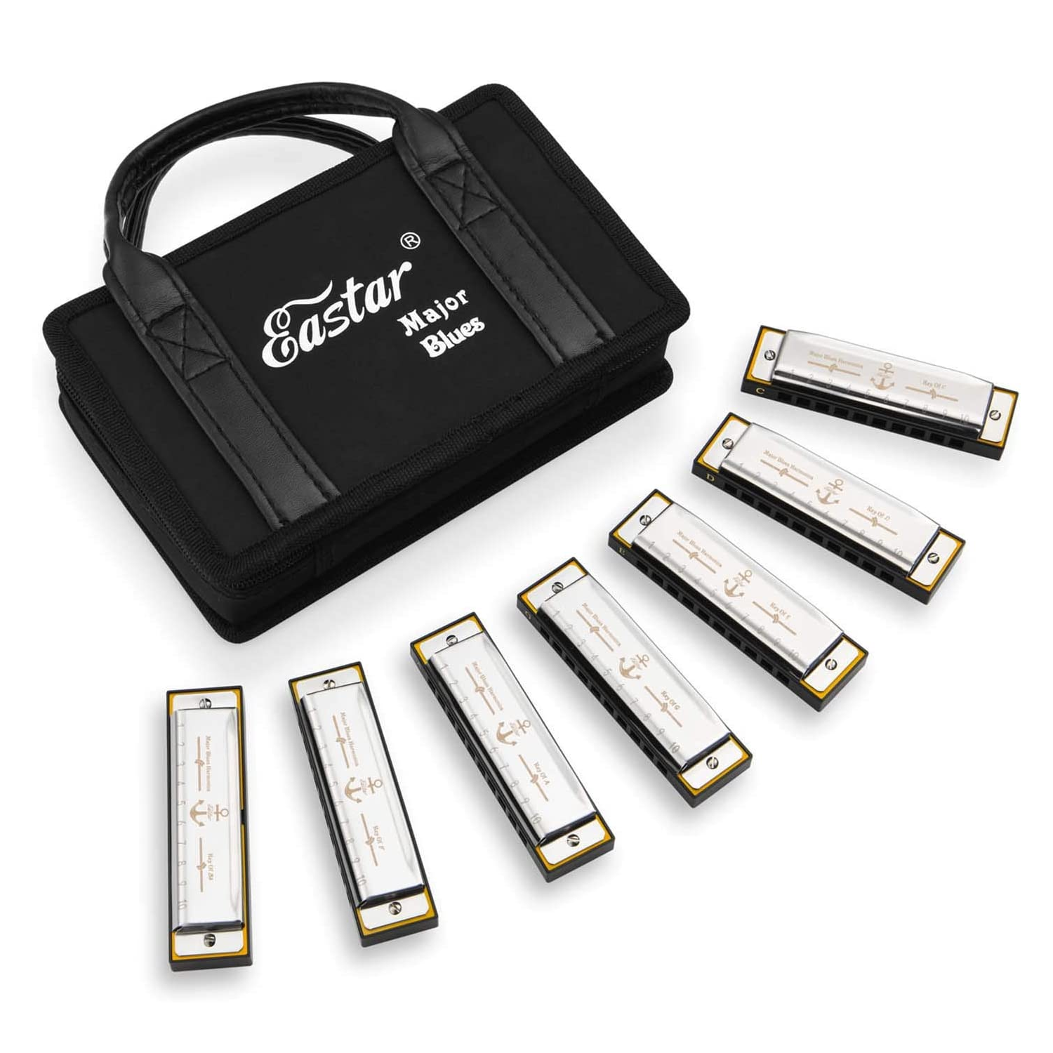 

Eastar Major Blues Harmonica Sets 7 Keys Diatonic Harmonica in Key for Adults Beginners Students Kids 7-Pack with Carrying Case & Cleaning Cloth