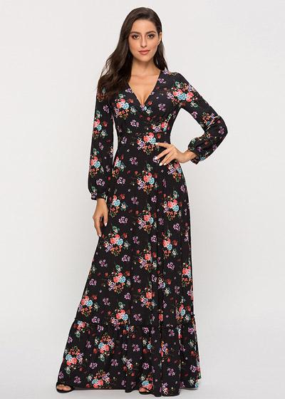 vestido longo floral preto