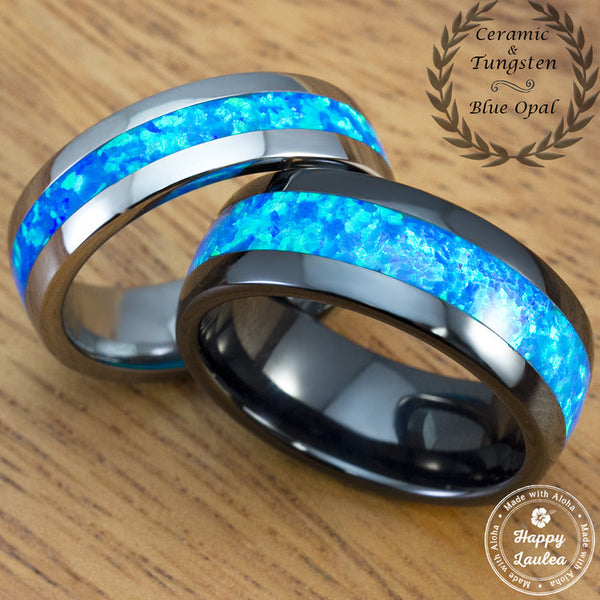 Black Ceramic Tungsten Carbide Wedding Band Set With Blue Opal Inlay