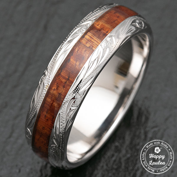 14K White Gold Hawaiian Jewelry 8mm Width Ring Koa Wood Inlay