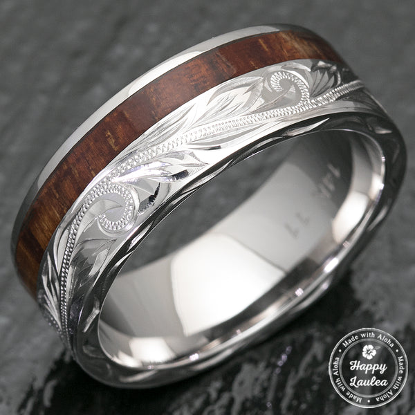 14K White Gold Hawaiian Jewelry Ring with Offset Koa Wood
