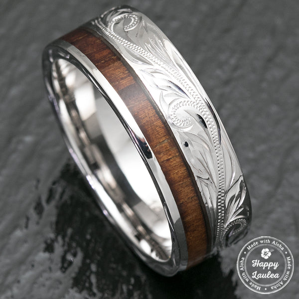 14K White Gold Hawaiian Jewelry Ring with Offset Koa Wood