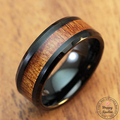 Black Tungsten Carbide Beveled Edge Ring with Koa Wood Inlay, 8-10mm, Flat Shape, Comfort Fitment