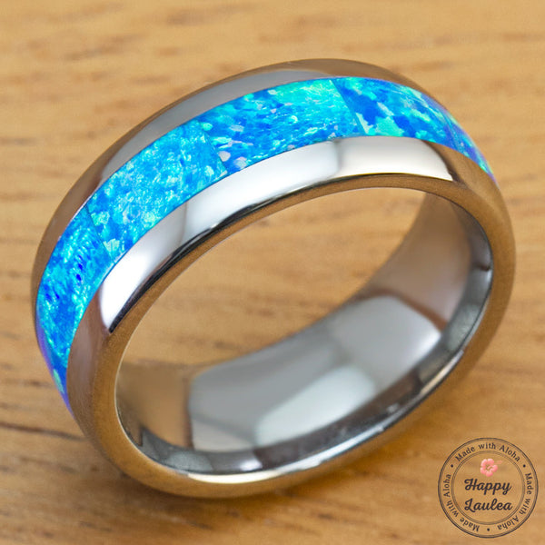 Tungsten Carbide with Blue Opal Inlay - 8mm, Dome Shape, Comfort Fitme