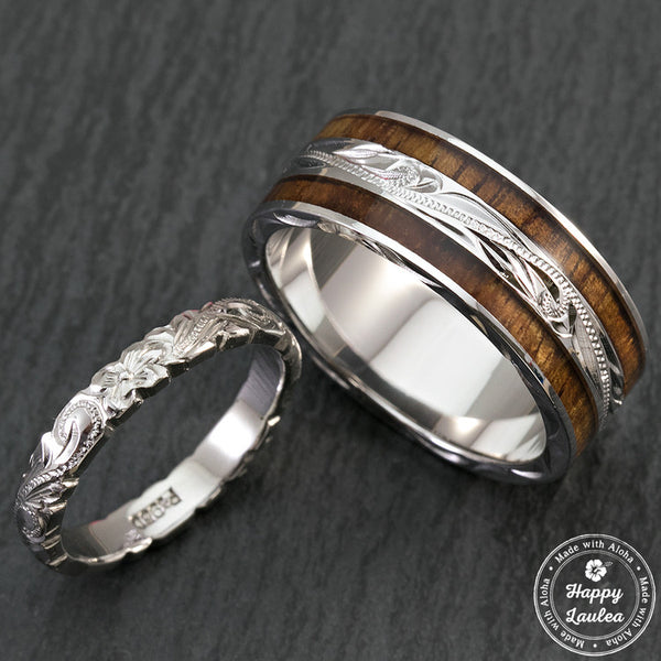 Pair Of Hand Engraved Platinum And Sterling Silver Wedding Ring Set Wi