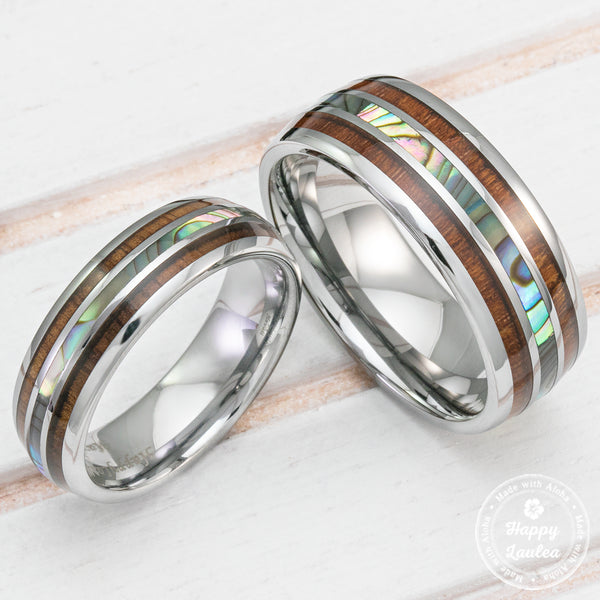 Tungsten Wedding Band Set With Mother Of Pearl Abalone Shell