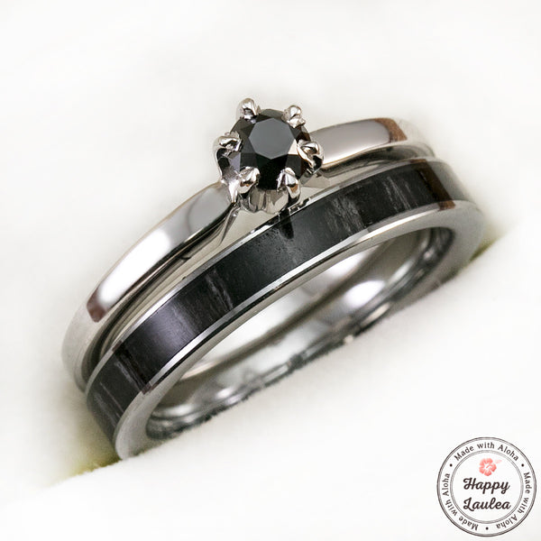White Gold Solitaire Black Diamond Engagement Ring With Ebony Wood Ring