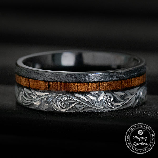 Black Zirconium Hawaiian Jewelry Ring With Offset Koa Wood Inlay 8mm