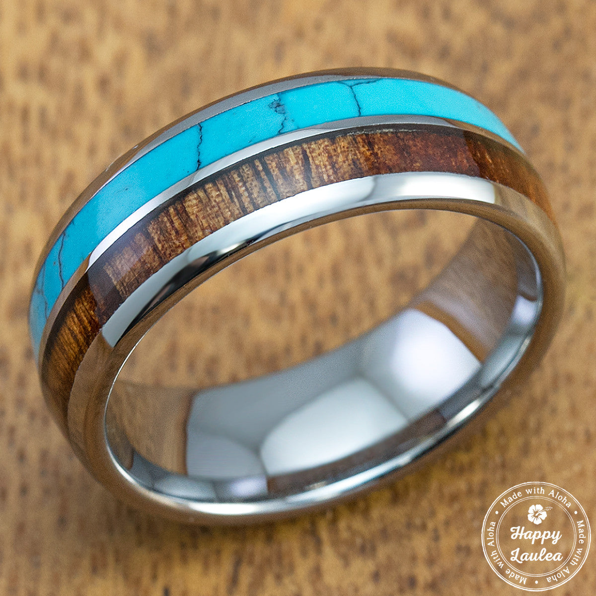 Tungsten 8mm Wedding Band Ring Turquoise Hawaiian Koa Wood Comfort Fit Size 5-14 
