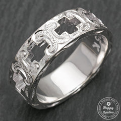 925 Sterling Silver Hand Engraved Open Cross Ring with Hawaiian Old English Design - 8mm, Flat Shape, Standard Fitment