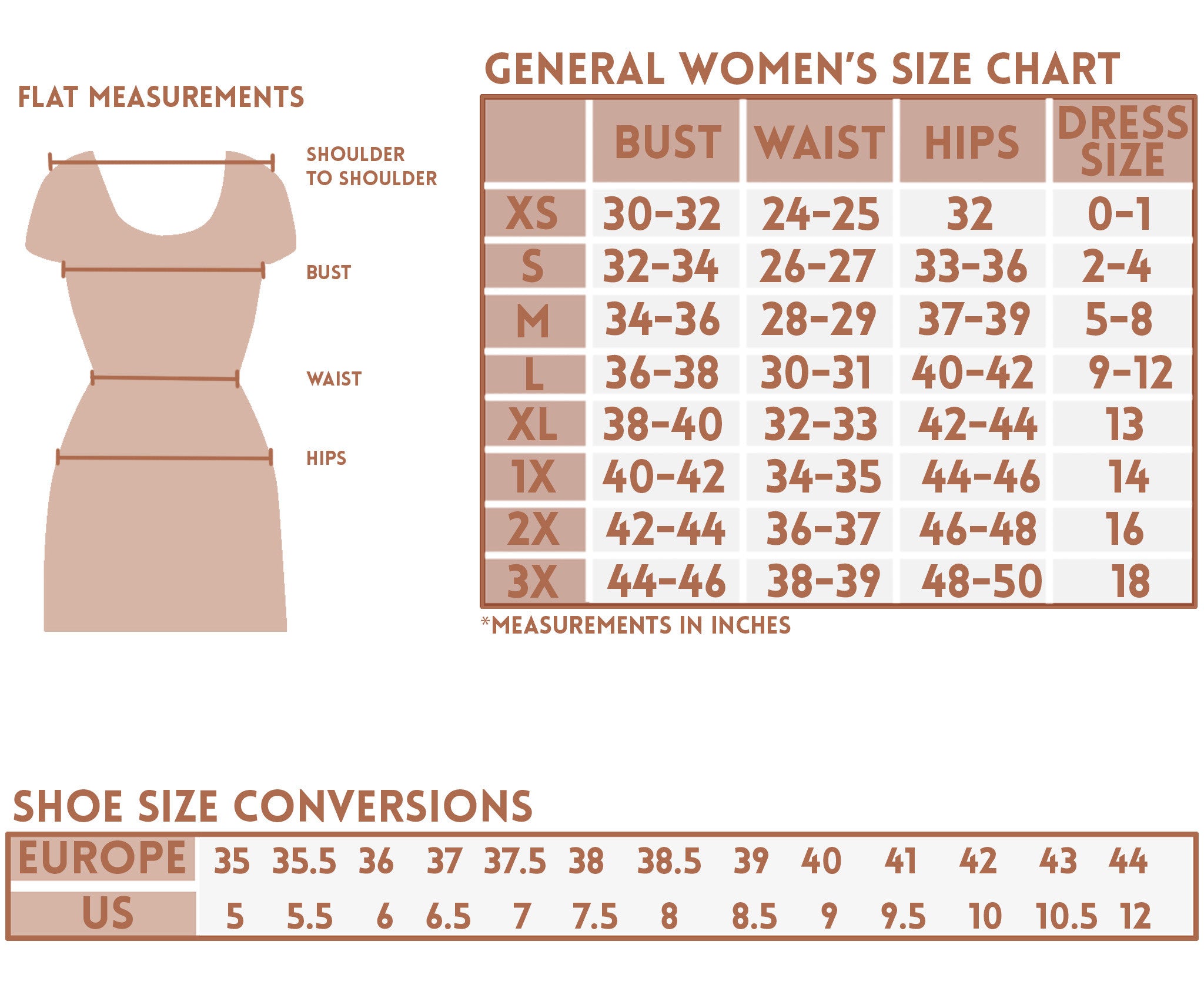 ShopMucho women's size guide and conversion charts for clothing and shoes