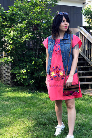 ShopMucho owner models Mucho merch, women's Mexican dress styled 3 ways