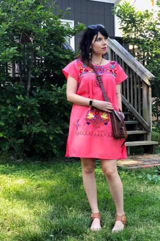 ShopMucho owner models Mucho merch, women's Mexican dress styled 3 ways
