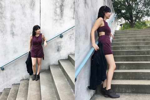 ShopMucho owner styles the suede cutout romper in eggplant for fall