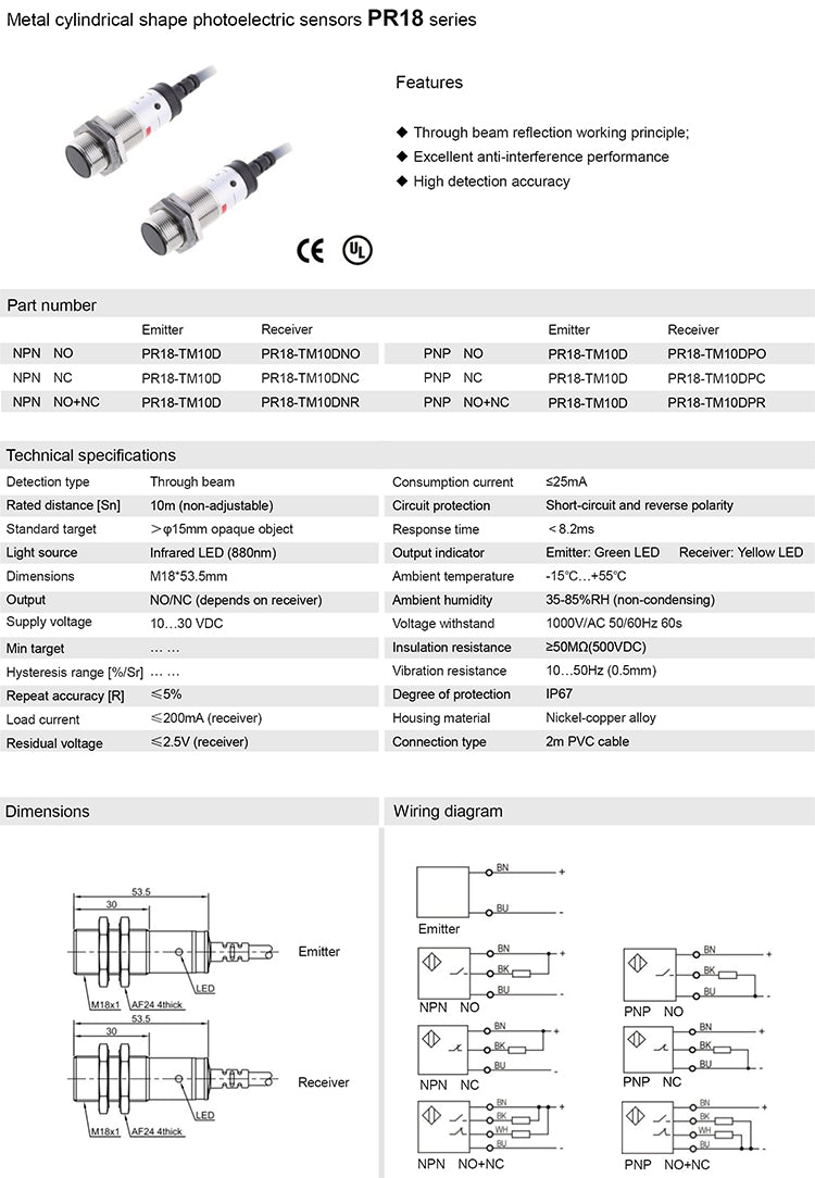 Photoelectric Sensor 10m PR18-TM10DNO